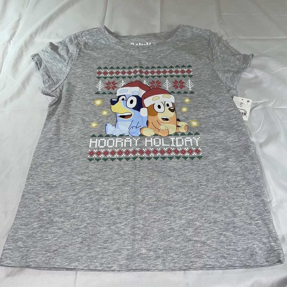 Bluey Girls Hooray Holiday Christmas Graphic T-Shirt Gray XL 14 NWT
